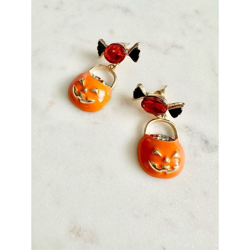 Red and orange jack-o’-lantern rhinestone candy pumpkin earrings 